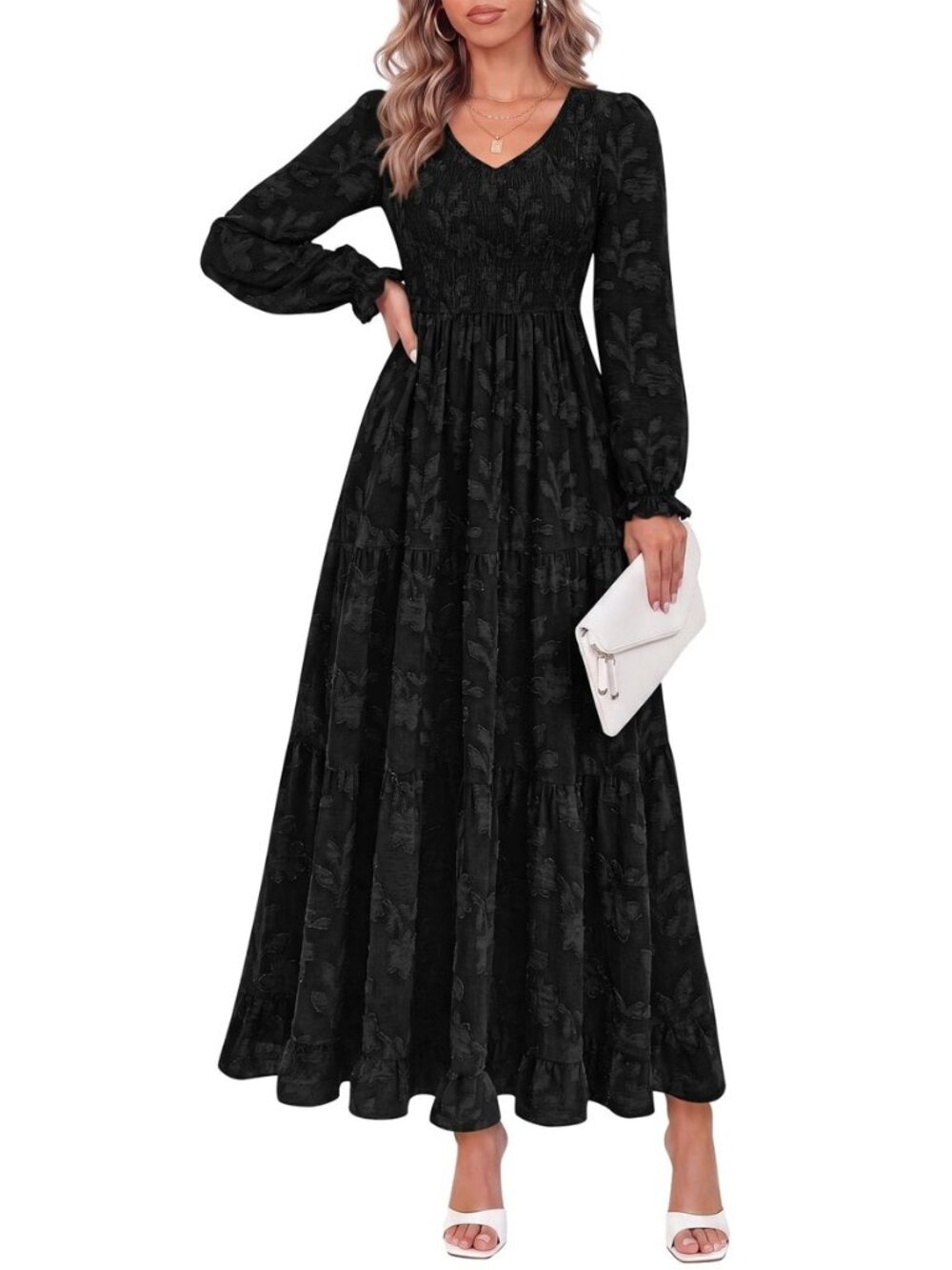 Womens Long Sleeve V Neck Wedding Guest Maxi Dress